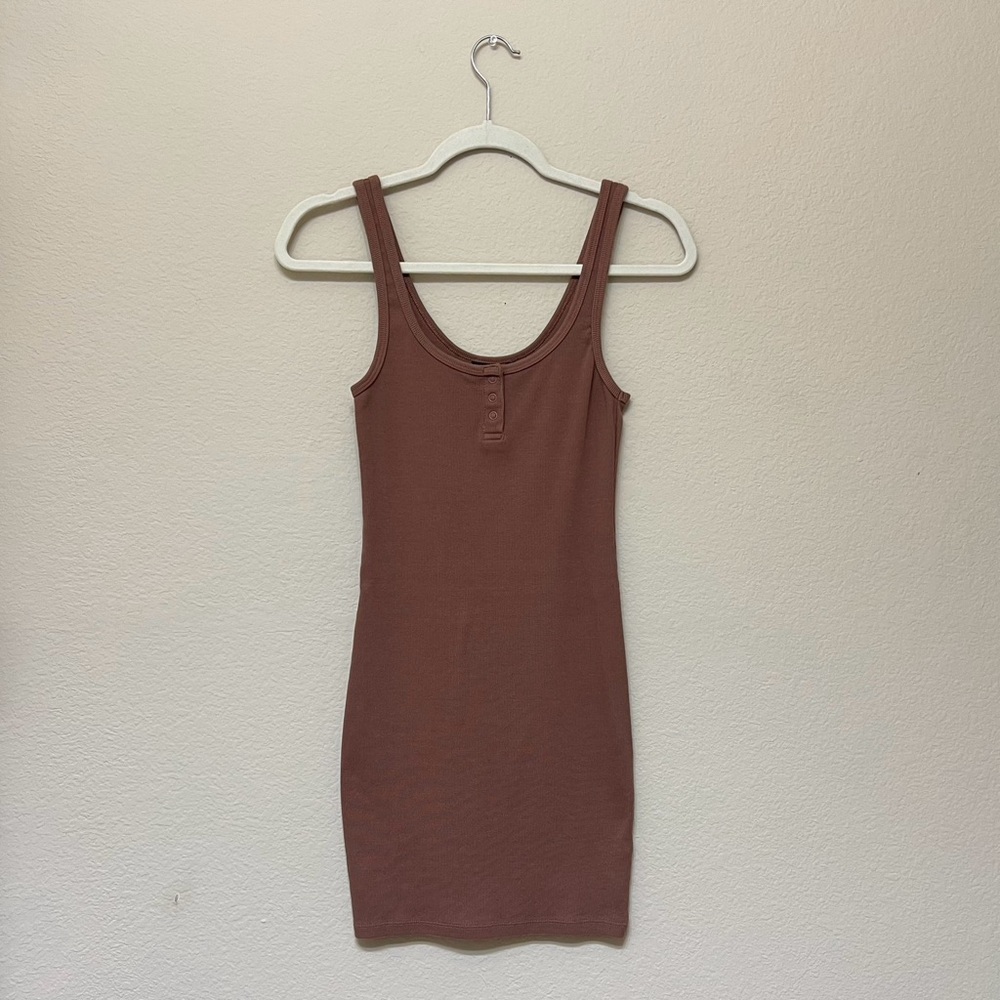 Zara Brown Ribbed Mini Bodycon Dress with Buttons (Size Small)